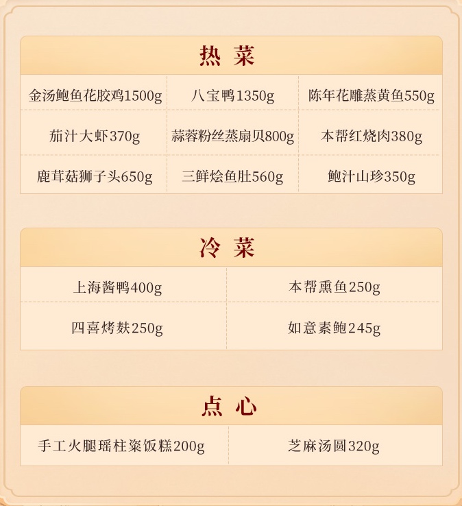 上海老饭店年夜饭套餐菜单
